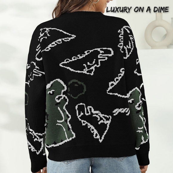 Knit Dinosaur Print Round Neck Long Sleeve Oversized Fun Pullover Sweater Shirt - Picture 3 of 9